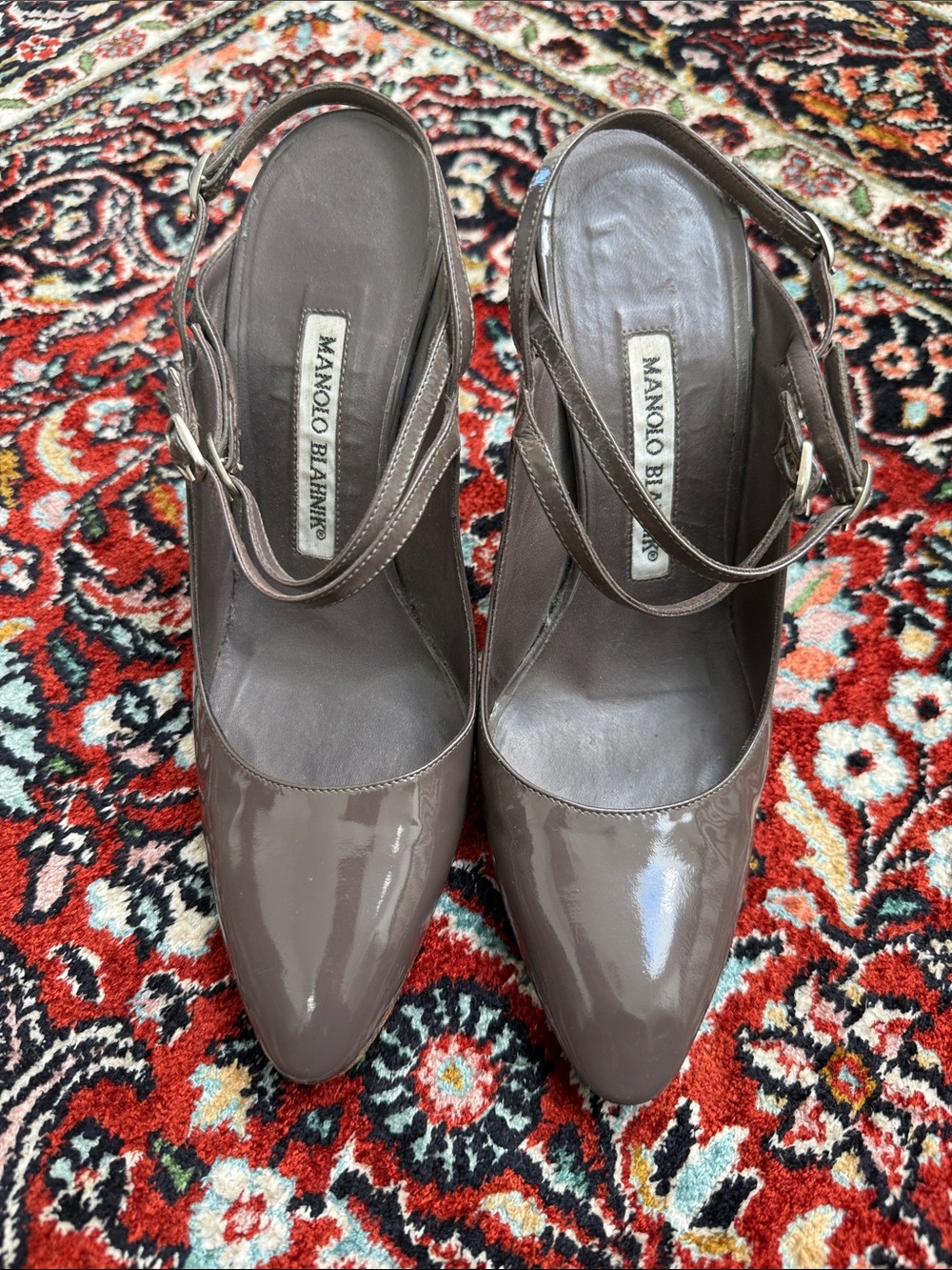 Manolo Blahnik Grey Patent Leather Slingback Pumps